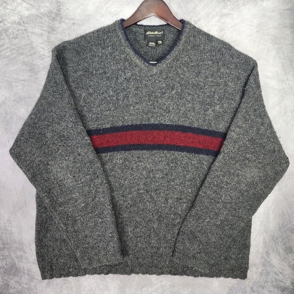 Vintage 90s Eddie Bauer Wool Sweater Mens Large USA Stripe Gray Knit Pullover